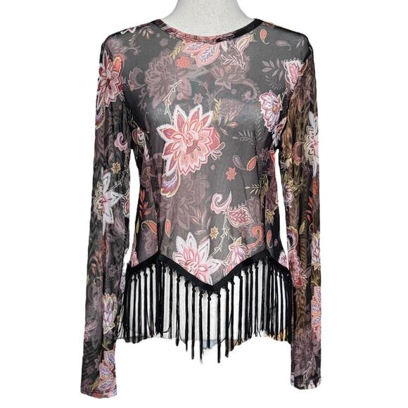 NWT - Nouvida Black Sheer Floral Print Mesh Top Fringe Hem, Women’s Large - Picture 1 of 7